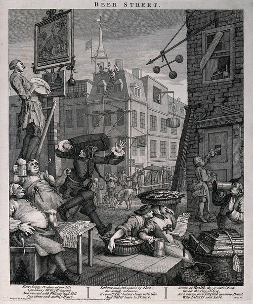 A busy street corner with traders stopping for a tankard of beer and an artist painting a pub sign. Engraving, c. 1751, after W. Hogarth.