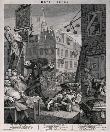 A busy street corner with traders stopping for a tankard of beer and an artist painting a pub sign. Engraving, c. 1751, after W. Hogarth.