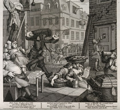 A busy street corner with traders stopping for a tankard of beer and an artist painting a pub sign. Engraving, c. 1751, after W. Hogarth.