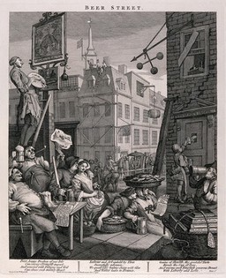 A busy street corner with traders stopping for a tankard of beer and an artist painting a pub sign. Engraving, c. 1751, after W. Hogarth.