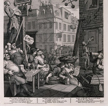 A busy street corner with traders stopping for a tankard of beer and an artist painting a pub sign. Engraving, c. 1751, after W. Hogarth.