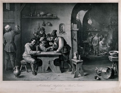 A Dutch country tavern with a drinker being given encouragement, a group by the fire and a serving man chalking up orders. Lithograph by F. Hanfstaengl, 1836, after D. Teniers.