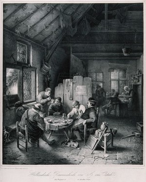 view A Dutch country tavern with six men drinking and smoking at a table and others by the bar. Lithograph by F. Hanfstaengl, 1836, after A. van Ostade, 1663.