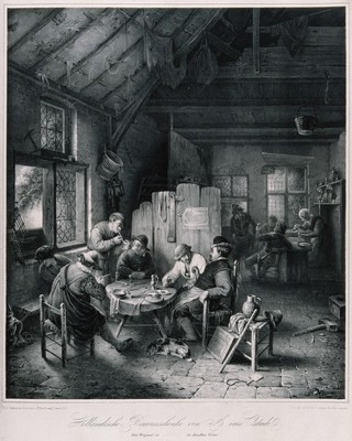 A Dutch country tavern with six men drinking and smoking at a table and others by the bar. Lithograph by F. Hanfstaengl, 1836, after A. van Ostade, 1663.