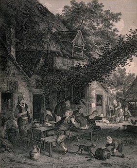 Six men and a woman drink and smoke round a table outside a country tavern, behind them children watch a woman pump water. Engraving.