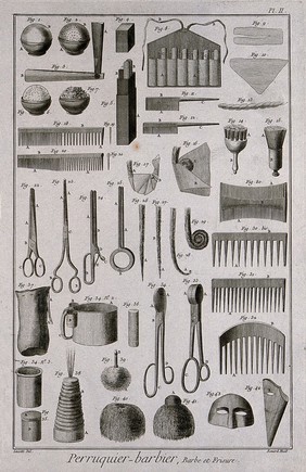 Hair and wig-dressing equipment. Engraving by R. Bénard after J.R. Lucotte, 1762.