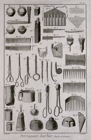 view Hair and wig-dressing equipment. Engraving by R. Bénard after J.R. Lucotte, 1762.