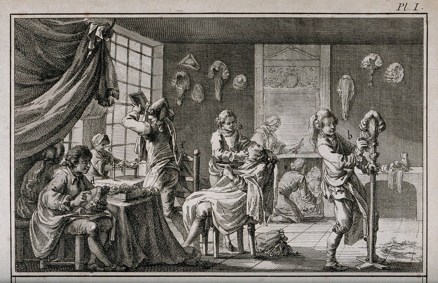 A barber's and wig-maker's establishment, above; shaving bowls, flasks and razors, below. Engraving by R. Bénard after J.R. Lucotte, 1762.