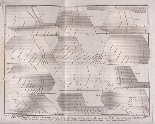 Patterns for wigs. Engraving by R. Bénard after J.R. Lucotte, 1762.