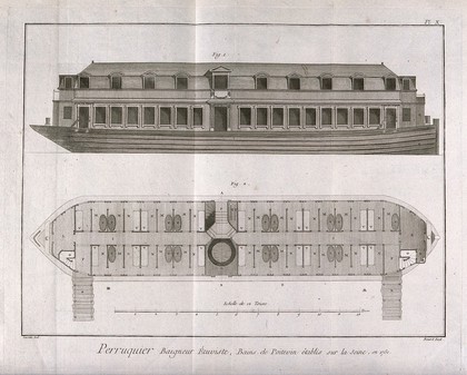 Floating public bath-house: exterior elevations above and interior plans below. Engraving by R. Bénard after J.R. Lucotte, 1762.