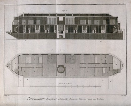 Floating public bath-house: cross-section above and plan below. Engraving by R. Bénard after J.R. Lucotte, 1761.