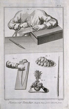 A worker preparing a feather for use as a plume by scraping and curling, above; further preparation of a plume, two hats with plumes and a single plume, below. Engraving by R. Bénard after Radel.