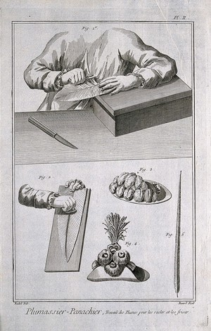 view A worker preparing a feather for use as a plume by scraping and curling, above; further preparation of a plume, two hats with plumes and a single plume, below. Engraving by R. Bénard after Radel.