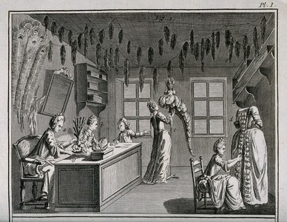 A workshop where plumage is applied to clothing, above; tools for making and applying plumage, below. Engraving by R. Bénard after Radel.