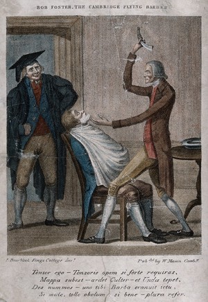 view Bob Foster, the Cambridge flying barber, shaving a student. Coloured stipple engraving after I. Bearblock, of King's College.