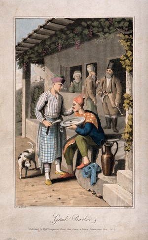 view A Greek barber shaving a man. Coloured aquatint by I. Clark after A.N.