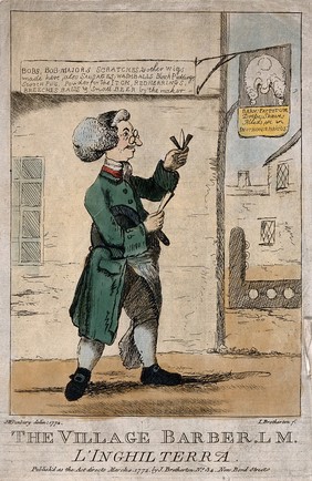 A village barber-surgeon standing in front of his shop, holding a razor and a lancet; in the distance are the village stocks. Coloured etching by J. Bretherton after H.W. Bunbury.