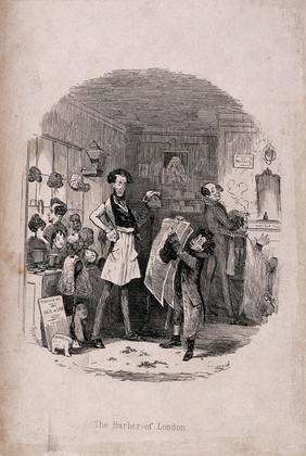 A barber's shop near Lincoln's Inn, London: a man answering an advertisement for the barber's assistant points to the advertisement in The times newspaper. Wood engraving by H.K. Browne (Phiz), 1865.