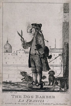 A dog groomer in Paris holding a large pair of shears in one hand, a poodle under his arm, standing on the Seine embankment. Etching by J. Bretherton after H.W. Bunbury.