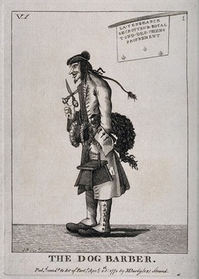 A French dog groomer standing in profile and carrying a pair of scissors, a wooden box and a poodle under his arm. Engraving after H.W. Bunbury.