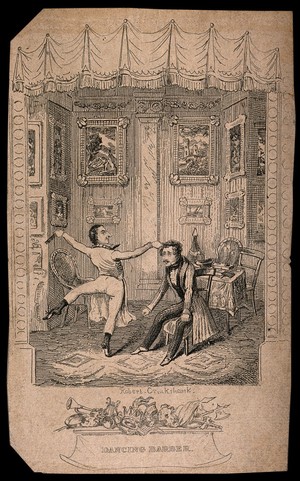 view An episode in the play "The dancing barber" by Charles Selby: Narcissus Fitzfrizzle attending to the hair of Alfred Fitzfrolic in the rooms of the latter. Etching by R. Cruikshank.