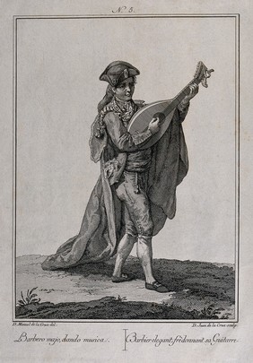 A Spanish barber playing a guitar. Engraving by D. Juan de la Cruz after D. Manuel de la Cruz.