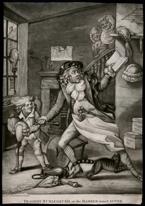 view A barber playing the tragic role of Alexander the Great in the acting style of David Garrick. Mezzotint after R. Dighton.