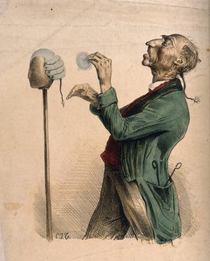 view A hairdresser powdering a wig on a stand. Coloured lithograph by C.J. Traviès de Villers.