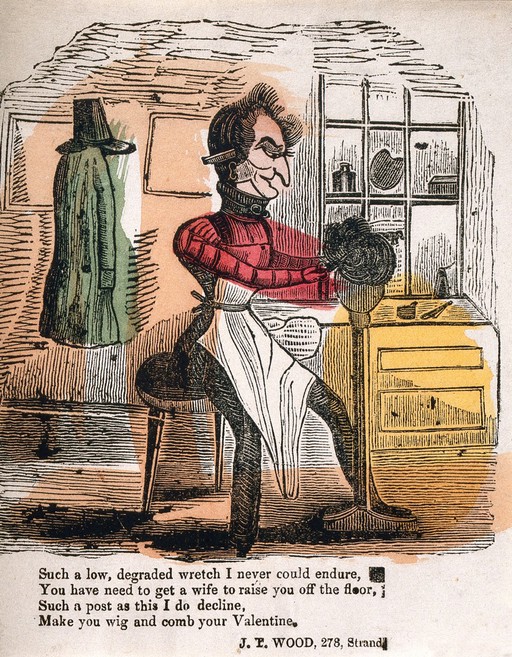 A barber dressing a wig. Coloured wood engraving.