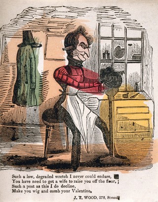 A barber dressing a wig. Coloured wood engraving.