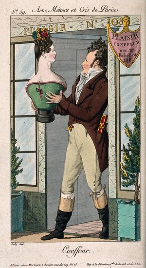 view A hairdresser holding a bust of a woman with an elaborate hairstyle. Coloured engraving by A. Joly, ca. 1813.