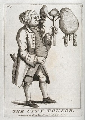 A City of London barber holding in his left hand three wigs placed on a frame; the first is a two-tailed wig, the second a small 'scratch' wig and the third a style worn by the macaronis. Etching.