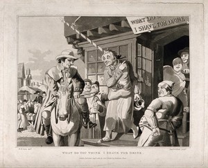 view A barber standing outside his shop confuses a passer-by with an ambiguously worded notice. Etching by R.W. Smart and aquatint by G. Hunt after W.H. Pyne.