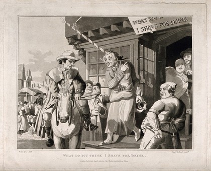 A barber standing outside his shop confuses a passer-by with an ambiguously worded notice. Etching by R.W. Smart and aquatint by G. Hunt after W.H. Pyne.