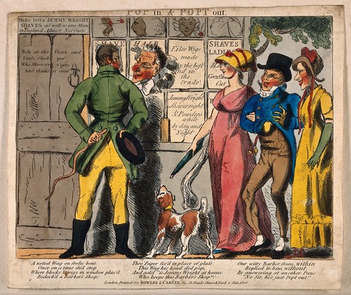 A young man looks into a window of a barber's shop, the barber looks out of a pane: one man and two women walk by. Coloured etching by A. Mills after himself.