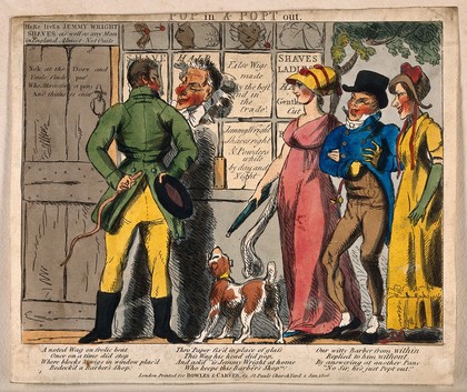 A young man puts his head through the window of a barber's shop where glass has been replaced by paper; the barber inside responds by putting his head through another paper pane: a man and two women walk by. Coloured etching by A. Mills, 1806.