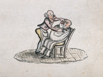 A barber shaving a man. Watercolour painting.