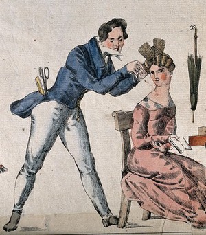 view A man dresses a woman's hair. Coloured engraving.