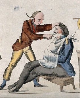 A barber shaving a man. Coloured etching.