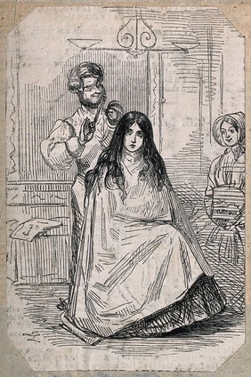 A barber cutting a girl's hair: a woman looks on. Wood engraving after J. Leech.