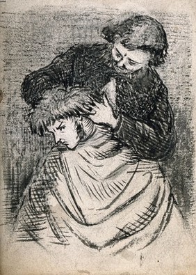 A barber cutting a frowning man's hair. Ink drawing.