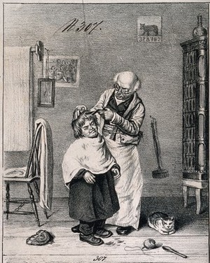 view A barber cutting a boy's hair. Lithograph.