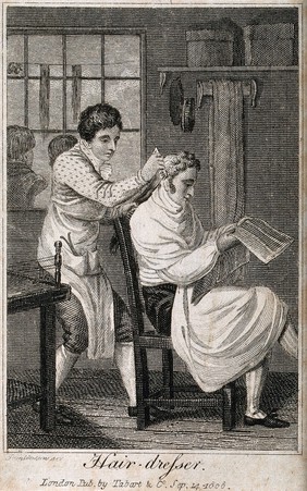 A barber dressing a man's hair. Engraving by J. Tomlinson, 1808.