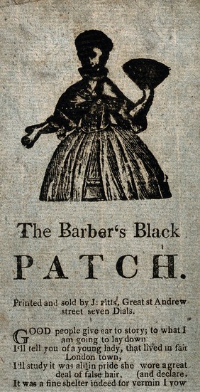 A lady holding a fan in her right hand: an animal jumps out of her wig and bites the barber on the nose, forcing him to wear a black patch. Woodcut and letterpress.