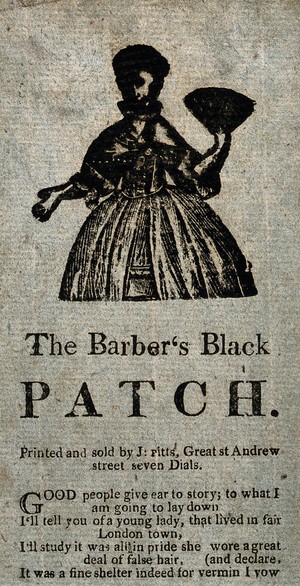 view A lady holding a fan in her right hand: an animal jumps out of her wig and bites the barber on the nose, forcing him to wear a black patch. Woodcut and letterpress.