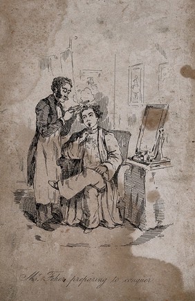 An episode in The history of Pendennis by W.M. Thackeray: Harry Foker has his hair dressed and curled by Anatole, his valet. Etching after W.M. Thackeray.