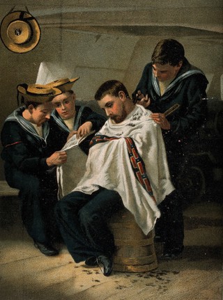 A rating having his hair cut by another seaman below deck. Chromolithograph after G. Morton.