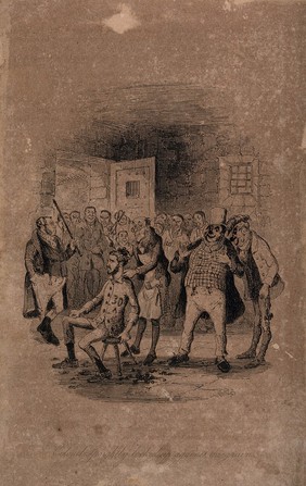 An episode in the novel 'Paul Periwinkle': Colonel Sprightly in prison having his hair cut. Etching by Phiz (Hablot K. Browne).