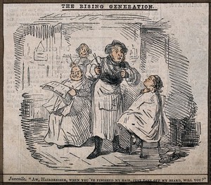 view A beardless young man asks his hair-dresser to shave his beard: another hair-dresser and his client look on in amusement. Coloured wood engraving after John Leech.