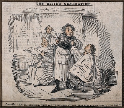 A beardless young man asks his hair-dresser to shave his beard: another hair-dresser and his client look on in amusement. Coloured wood engraving after John Leech.